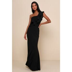Lulus NWT Grand Beauty Black Ruffled One-Shoulder Mermaid Maxi Dress Large